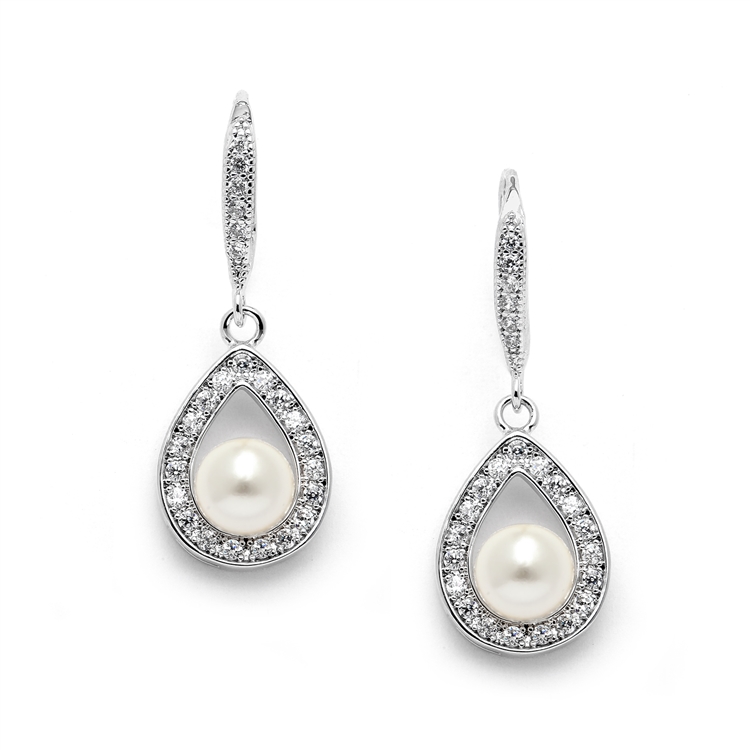 Pave Cubic Zirconia Wedding Earrings with Framed Pearl<br>4502E-I-S