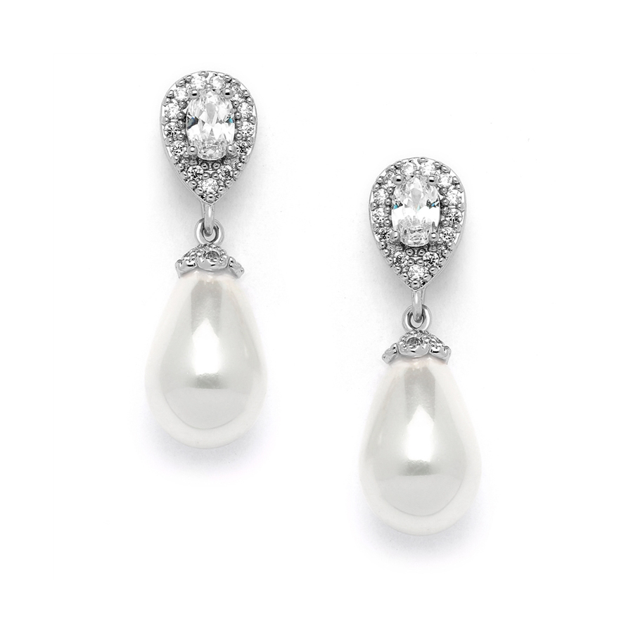 CZ Pear Bridal Earrings with Bold Soft Cream Pearl Drops<br>4516E-I-S