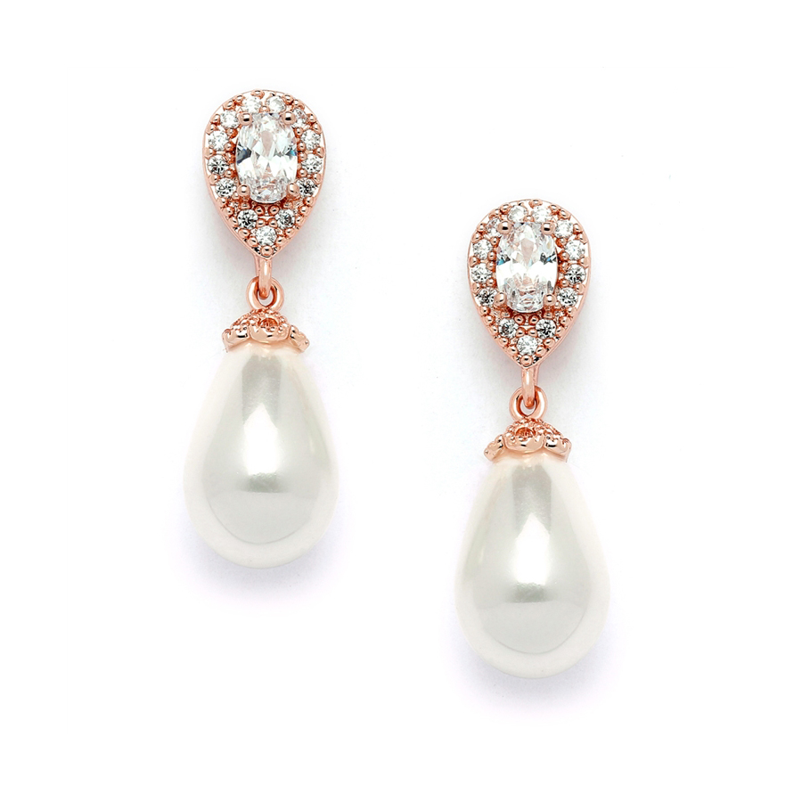 Clip-On CZ Pear Bridal Earrings with Bold Soft Cream Pearl Drops<br>4516EC-I-RG