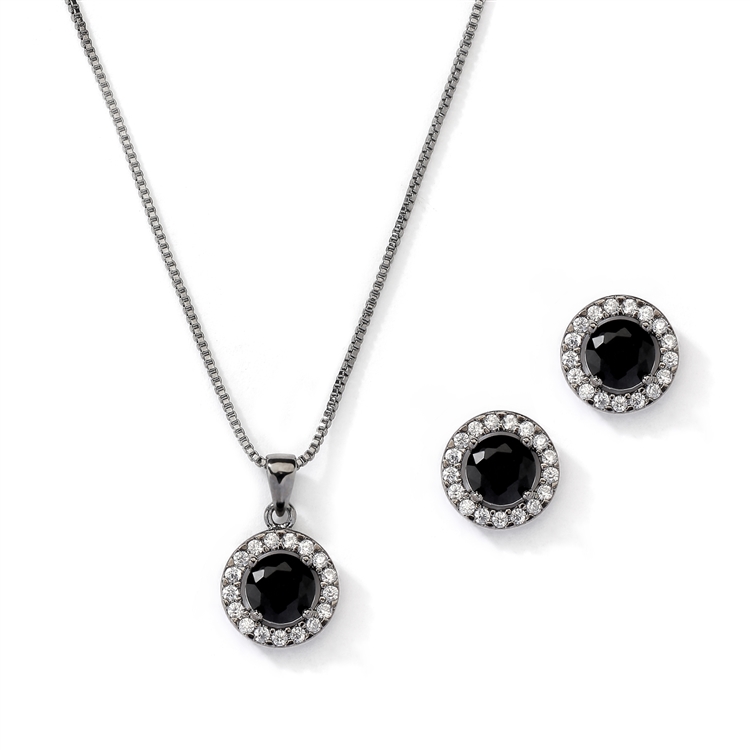 Gleaming Cubic Zirconia Round Shape Halo Necklace and Stud Earrings Set in Black Hematite<br>4552S-HM