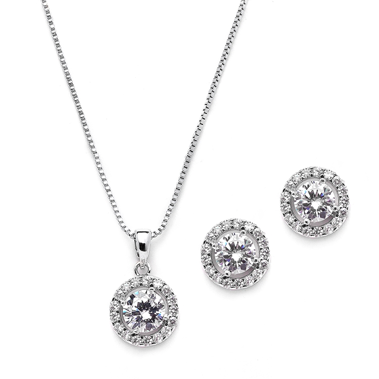 Gleaming Cubic Zirconia Round Shape Halo Necklace and Stud Earrings Set<br>4552S-S