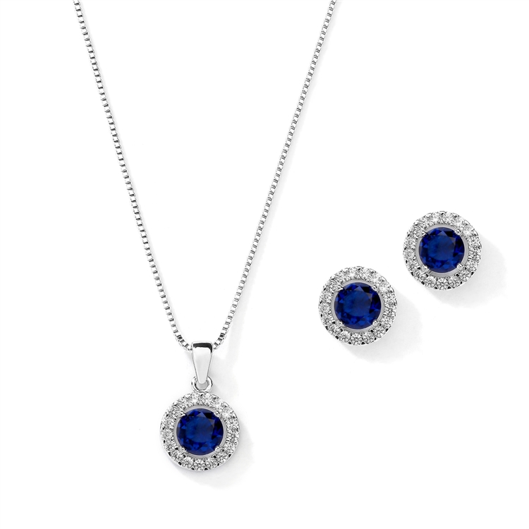 Cubic Zirconia Round Shape Halo Necklace and Stud Earrings Set - Sapphire<br>4552S-SA