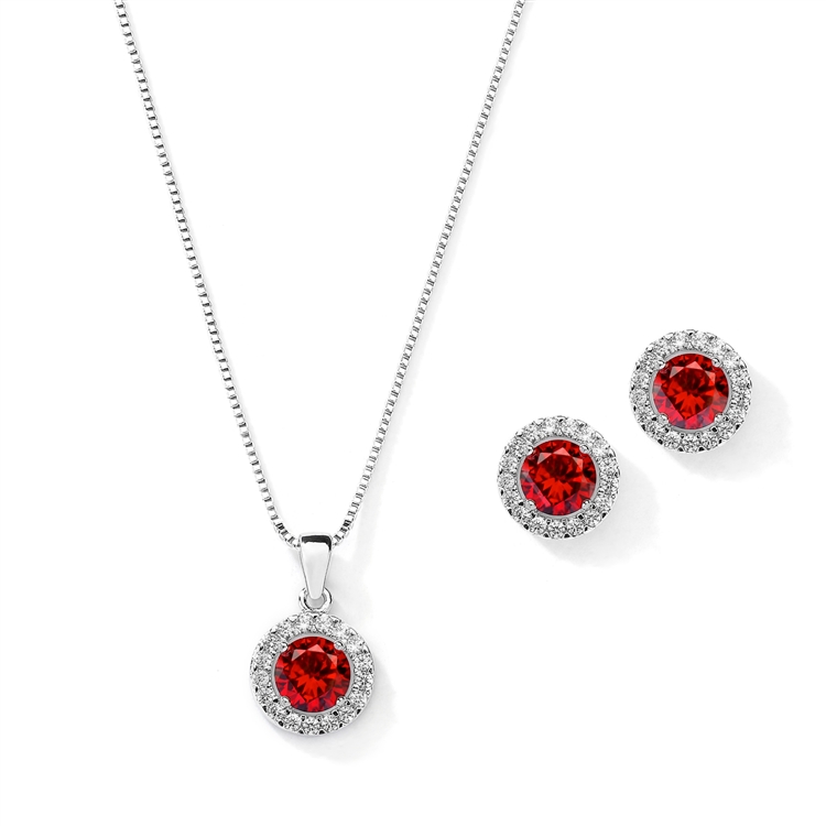 Cubic Zirconia Round Shape Halo Necklace and Stud Earrings Set - Ruby<br>4552S-SI