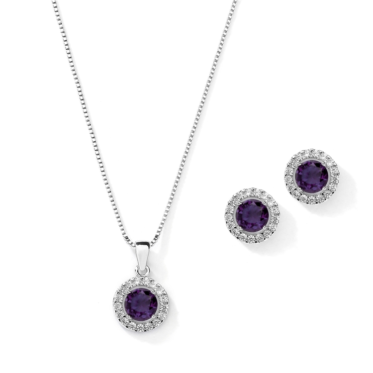 Cubic Zirconia Round Shape Halo Necklace and Stud Earrings Set - Tanzanite<br>4552S-TZ