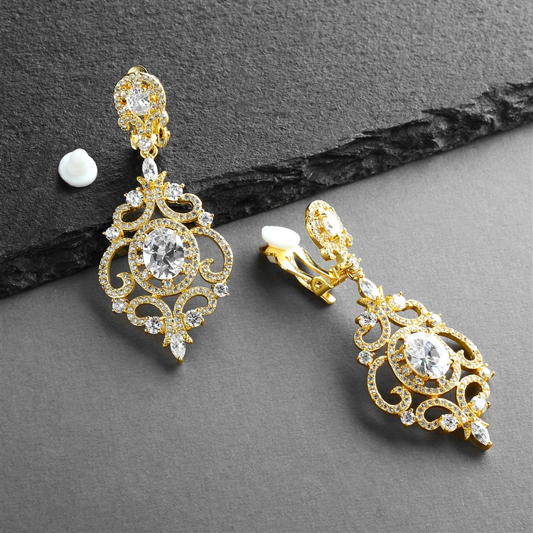 Victorian Scrolls 14K Gold Plated CZ Clip-On Wedding Chandelier Earrings<br>4553EC-G