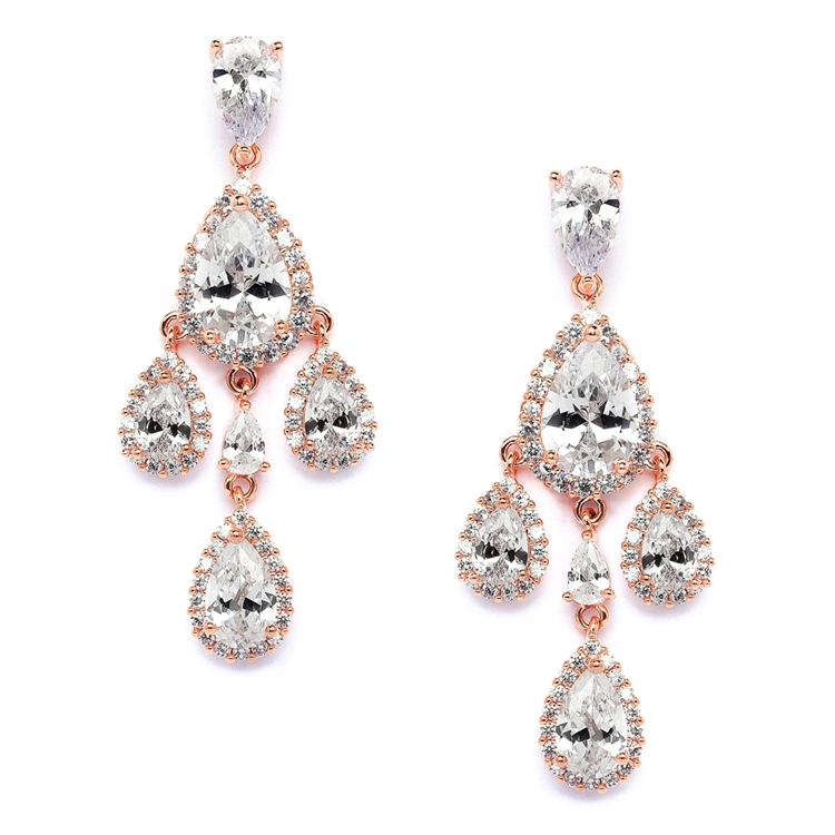 Petite Gold Clip On CZ Chandelier Earrings with Pear-Shaped Halo Teardrops<br>4555EC-RG