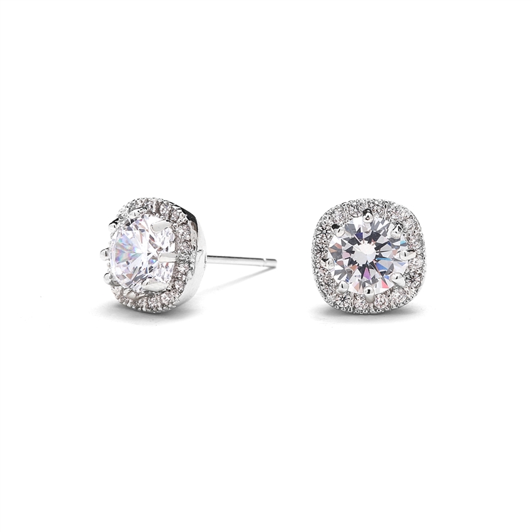 Cubic Zirconia Cushion Shape 10mm Halo Stud Earrings with Round Cut Solitaire<br>4556E
