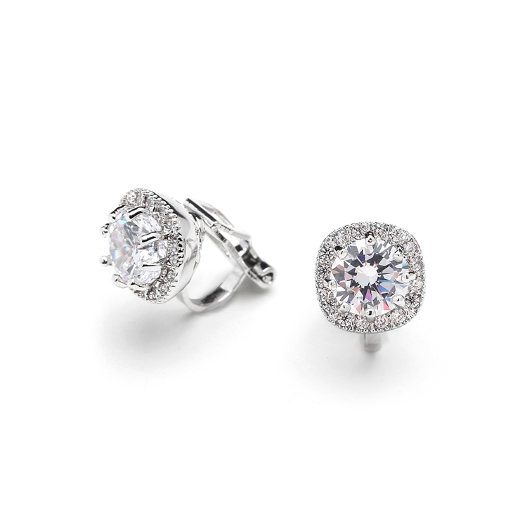 Silver Cushion Shape 10mm Halo Clip On Stud CZ Earrings with Round Solitaire<br>4556EC