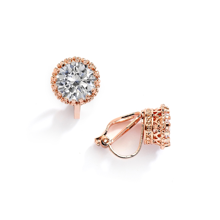 Rose Gold Crown Setting Clip-On 2.0 Carat Round Solitaire Cubic Zirconia Stud Earrings<br>4559EC-RG