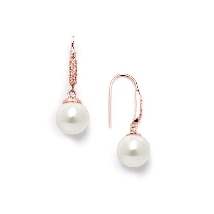 Vintage French Wire Bridal Earrings with Ivory Pearl Drops and 14K Rose Gold Plated CZ Accents<br>4560E-I-RG