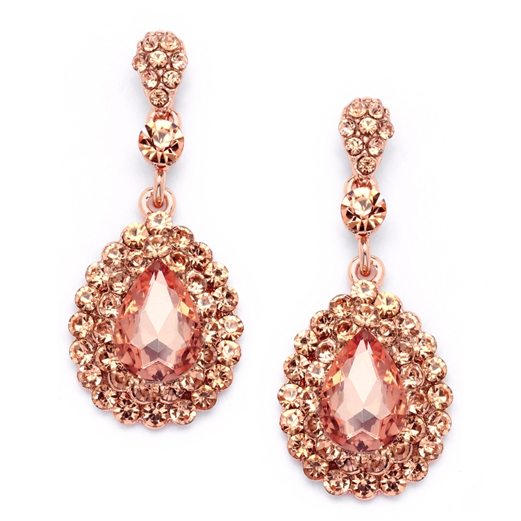 Prom or Bridesmaids Rose Gold Teardrop Statement Earrings with Peach Crystal Accents<br>4576E-PCH-RG