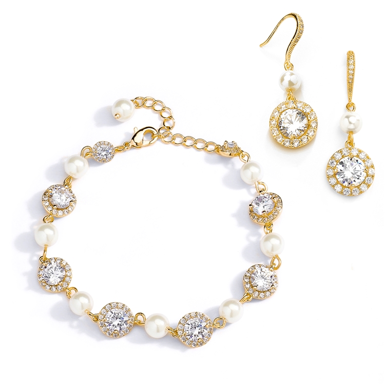 Ivory Pearl and Cubic Zirconia Bridal Bracelet and Earrings Set in 14K Gold<br>4580BS-I-G