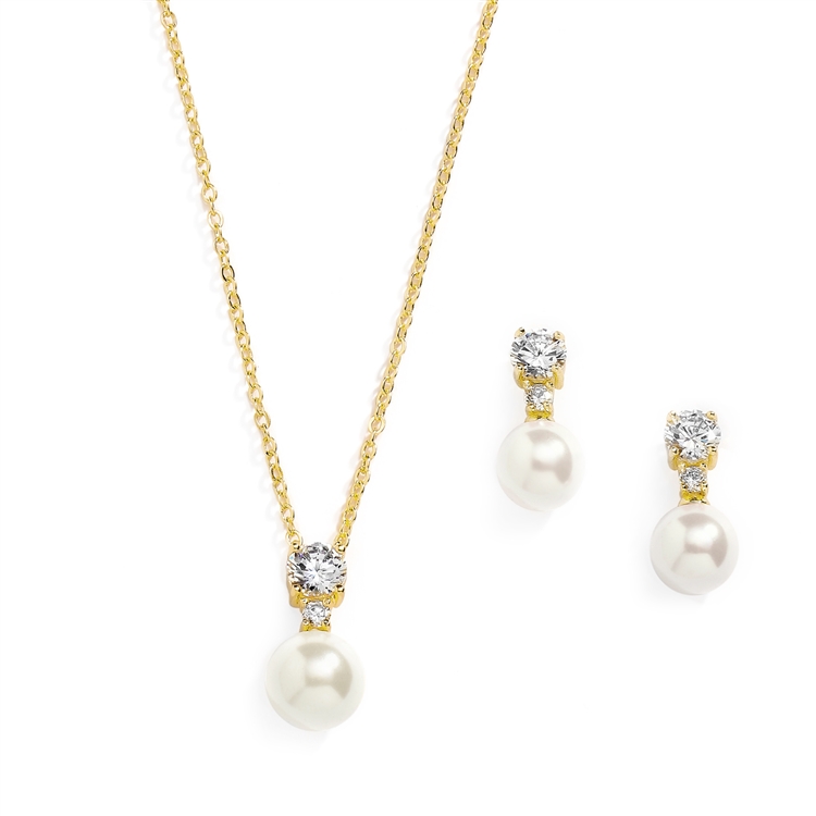 14K Gold Pearl Drop Necklace Set with Round CZ<br>4581S-I-G