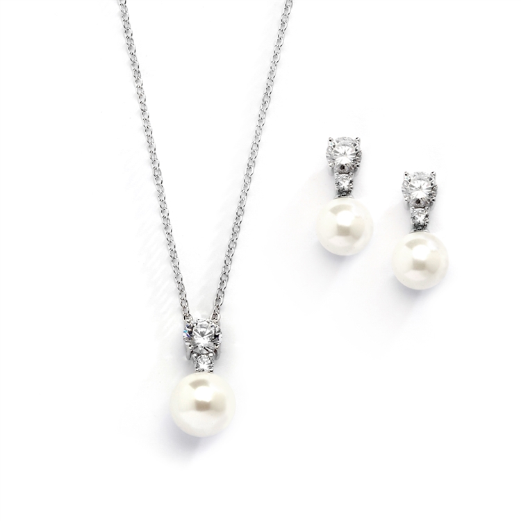 Pearl Drop Necklace Set with Vintage CZ Top and Dainty Earrings<br>4581S-I-S