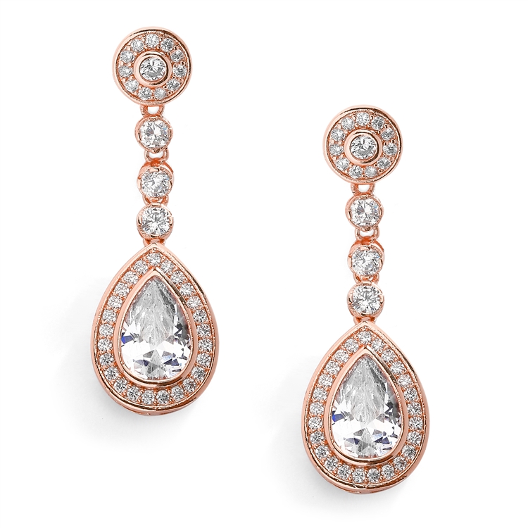 14K Rose Gold Clip-On Dangle  Wedding Earrings with Framed Pearshape CZ Drops<br>4583EC-RG