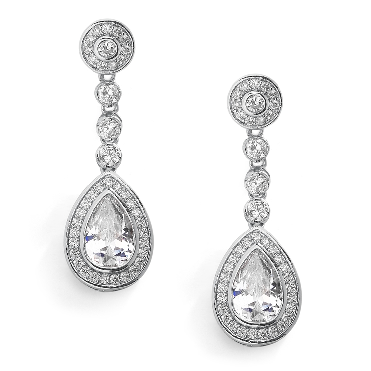 Silver Rhodium Clip-On Dangle  Wedding Earrings with Framed Pearshape CZ Drops<br>4583EC-S