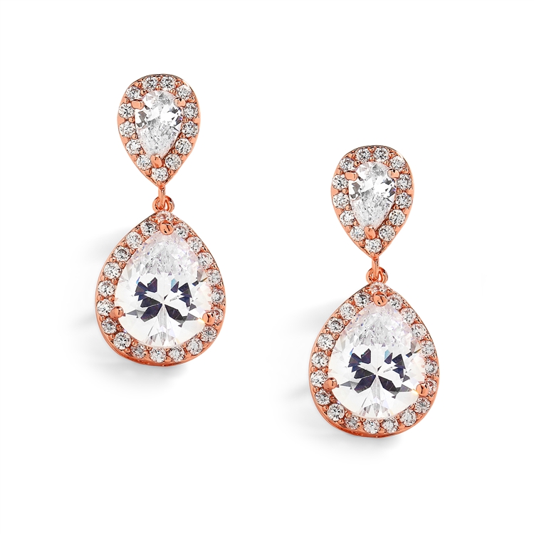 Rose Gold Teardrop Clip-On Cubic Zirconia Wedding Earrings<br>4584EC-RG