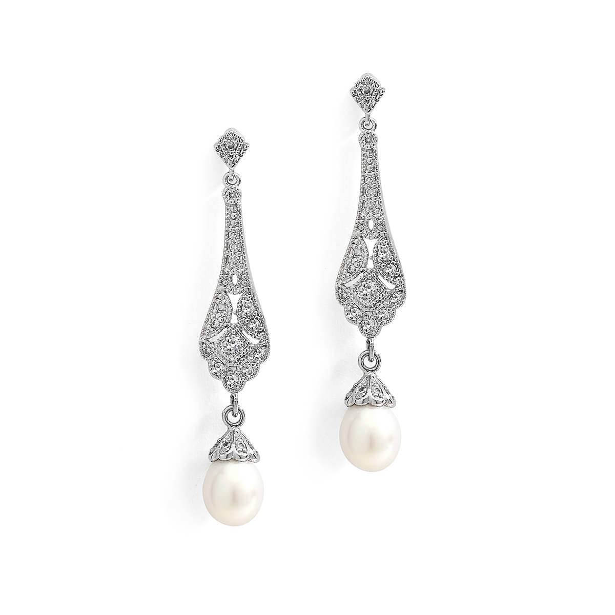 Art Deco CZ Bridal Earrings with Freshwater Pearl<br>4585E-S