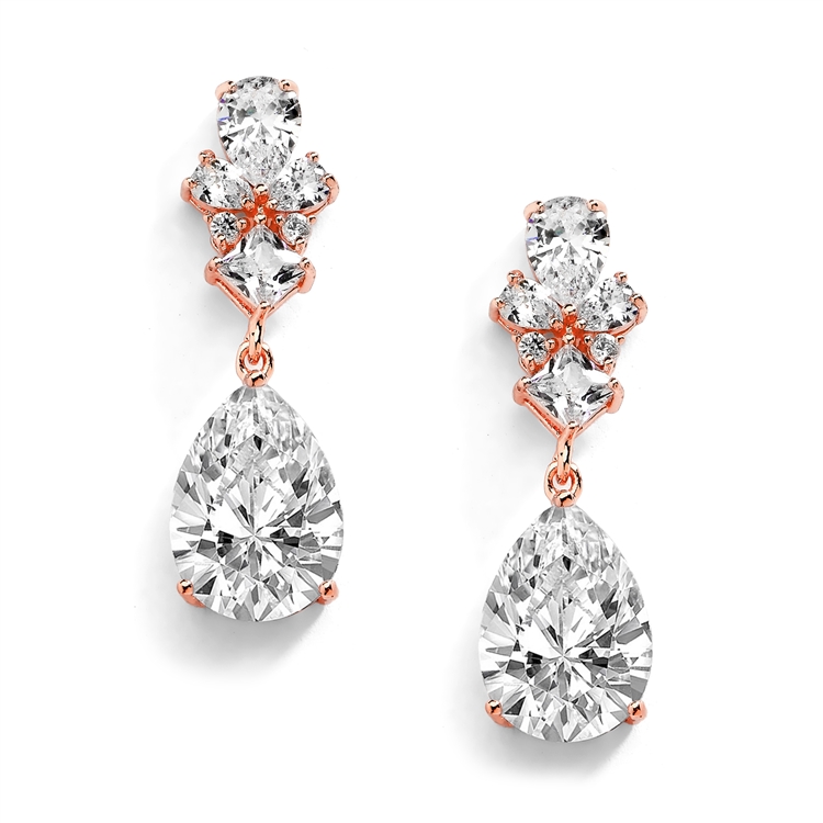 14K Rose Gold Cubic Zirconia Teardrop Pear-Shaped Dangle Drop Wedding Earrings<br>4591E-RG