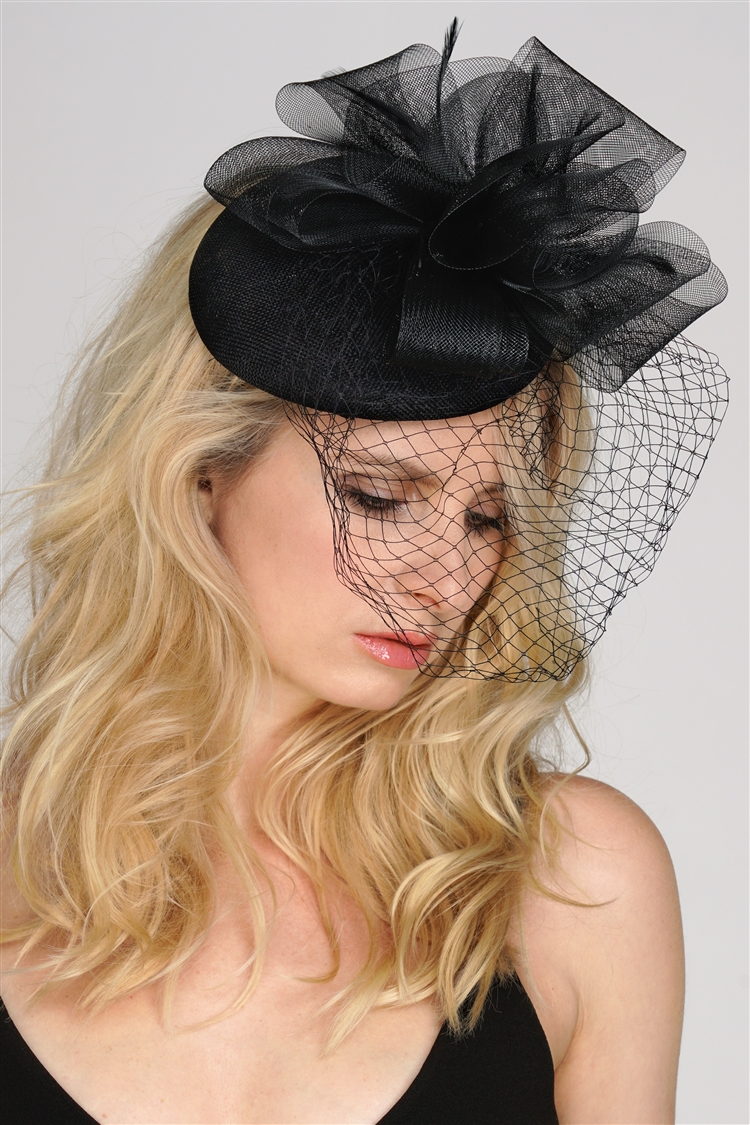 Black Bridal Cocktail Hat with Face Veil, Organza Bow & Feathers<br>4596H-BK