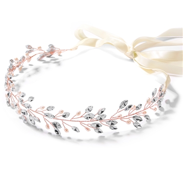 Rose Gold Vine Crystal & Freshwater Pearls Headband - Ivory Ribbon<br>4597HB-RG