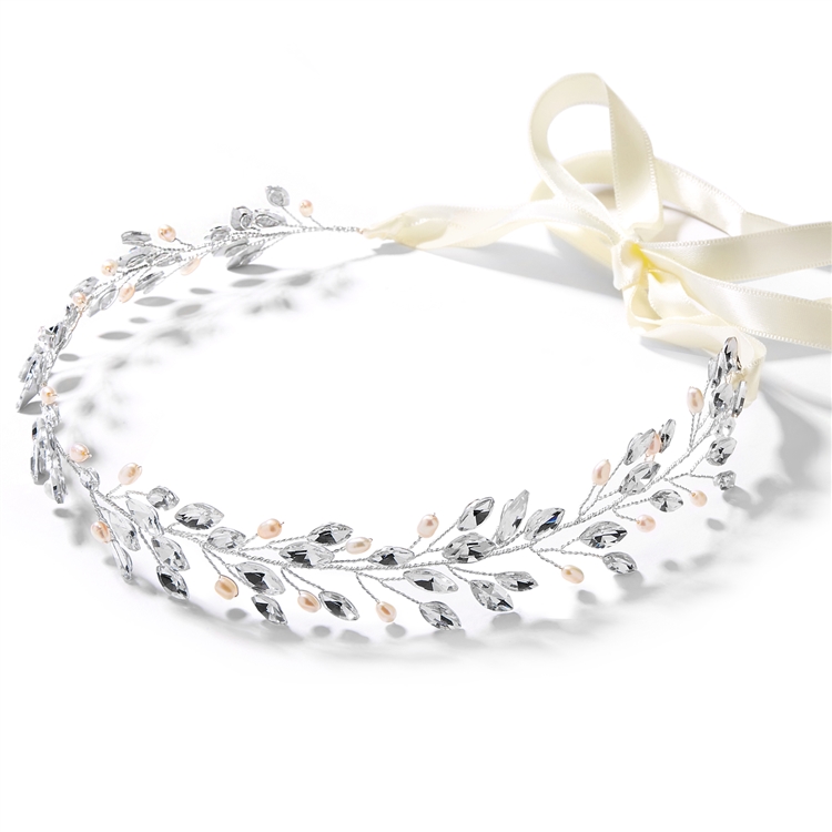 Silver Jeweled Vine Headband with Crystals, Freshwater Pearls and Ivory Ribbon<br>4597HB-S