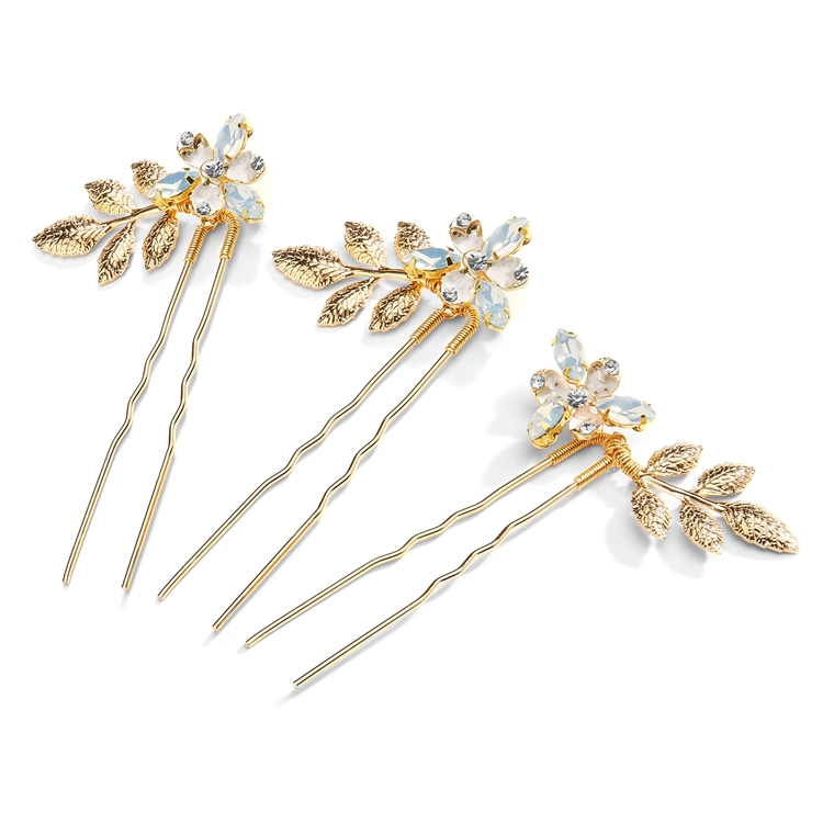 Set of 3 Bridal Hair Pin Sticks Gold and Opal