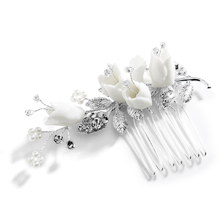 Bridal Comb Silver Leaves & White Resin Flowers