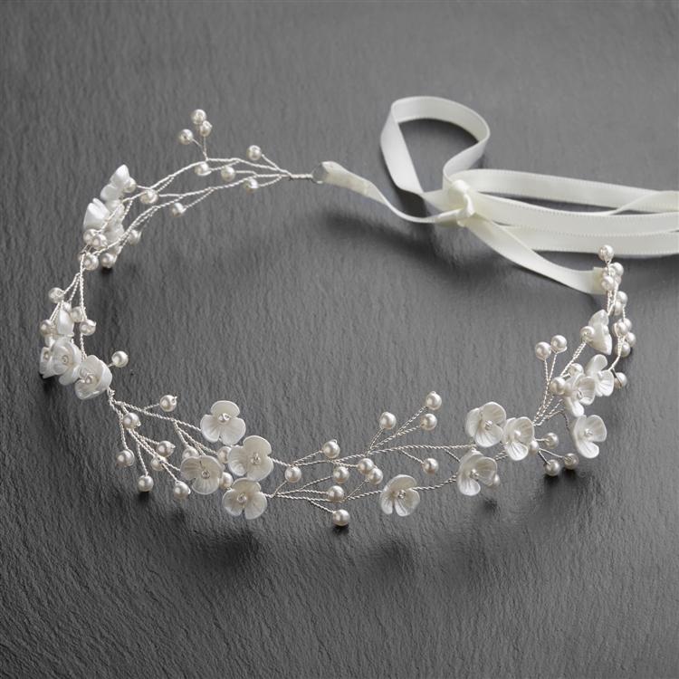 Bridal Ribbon Headband with Soft cream Flowers