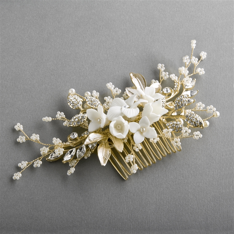 Light Gold Bridal Hair Comb White Resin Flowers