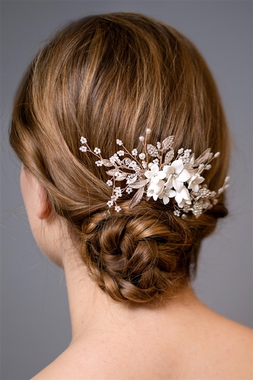 Rose Gold Bridal Hair Comb with White Flowers