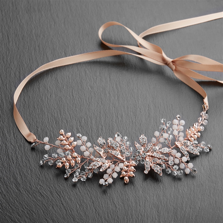 Rose Gold Bridal Headband Vine with Opal Crystals