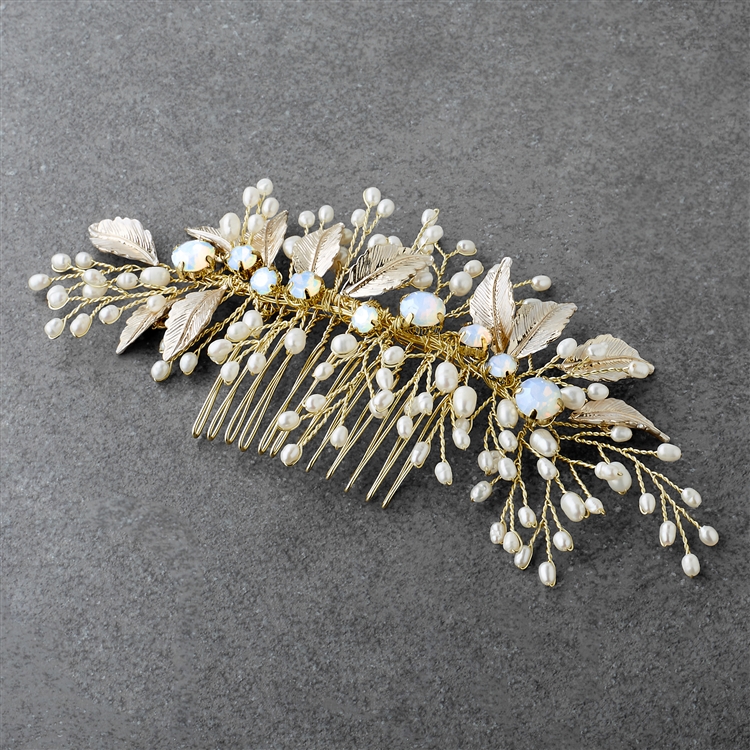 Gold Freshwater Pearl and Opal Bridal Comb
