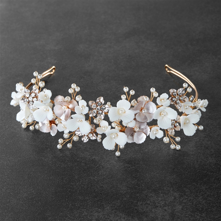 Mariell floral design bridal tiara headband with ivory resin flowers, dainty silver petals and hand painted matte pink leaves, wire loop on ends