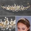 Mariell Bridal Tiara with Crystals and Hand Painted Matte Silvery Gold Leaves