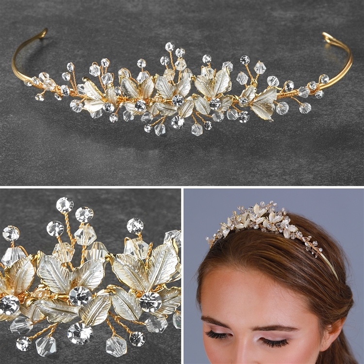 Mariell Bridal Tiara with Crystals and Hand Painted Matte Silvery Gold Leaves