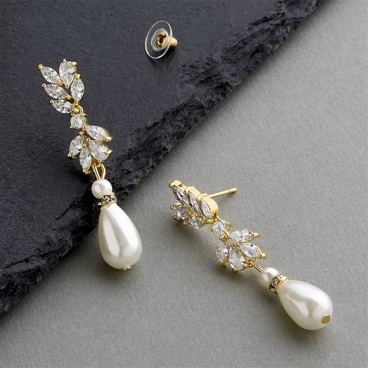 Gold Cubic Zirconia and Teardrop Pearl Designer Bridal Earrings<br>4646E-I-GD