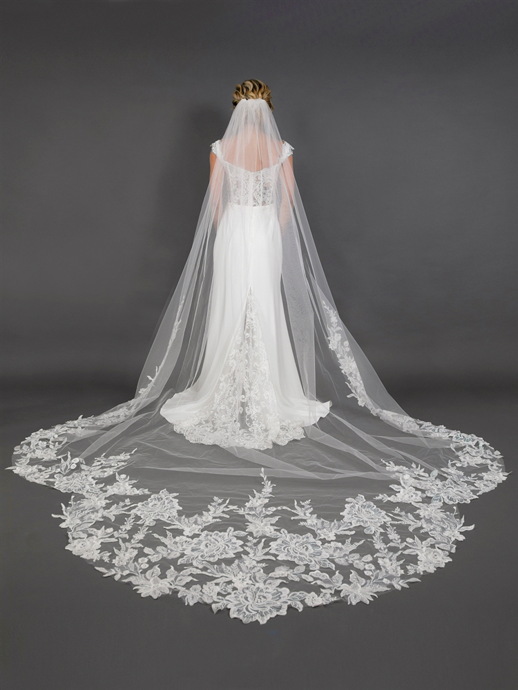 120" Long x 108" Extra Wide Royal Cathedral Bridal Veil with Crystal & Sequin Lace AppliquÃ©<br>4647V-I