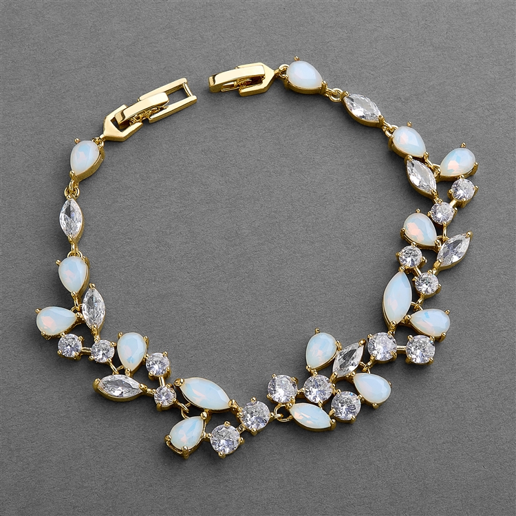 14K Gold Plated CZ and Opal Mosaic Wedding, Prom, & Bridal Bracelet - 7" Plus Â¼" Extender<br>4658B-OP-G