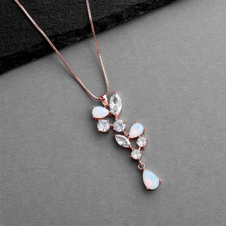 Cubic Zirconia and Opal Mosaic Rose Gold Wedding Necklace for Brides<br>4658N-OP-RG