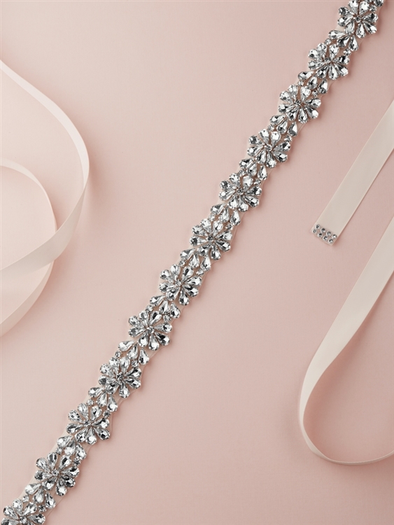 Pear Shaped Austrian Crystal Bridal Belt with Ivory Ribbon