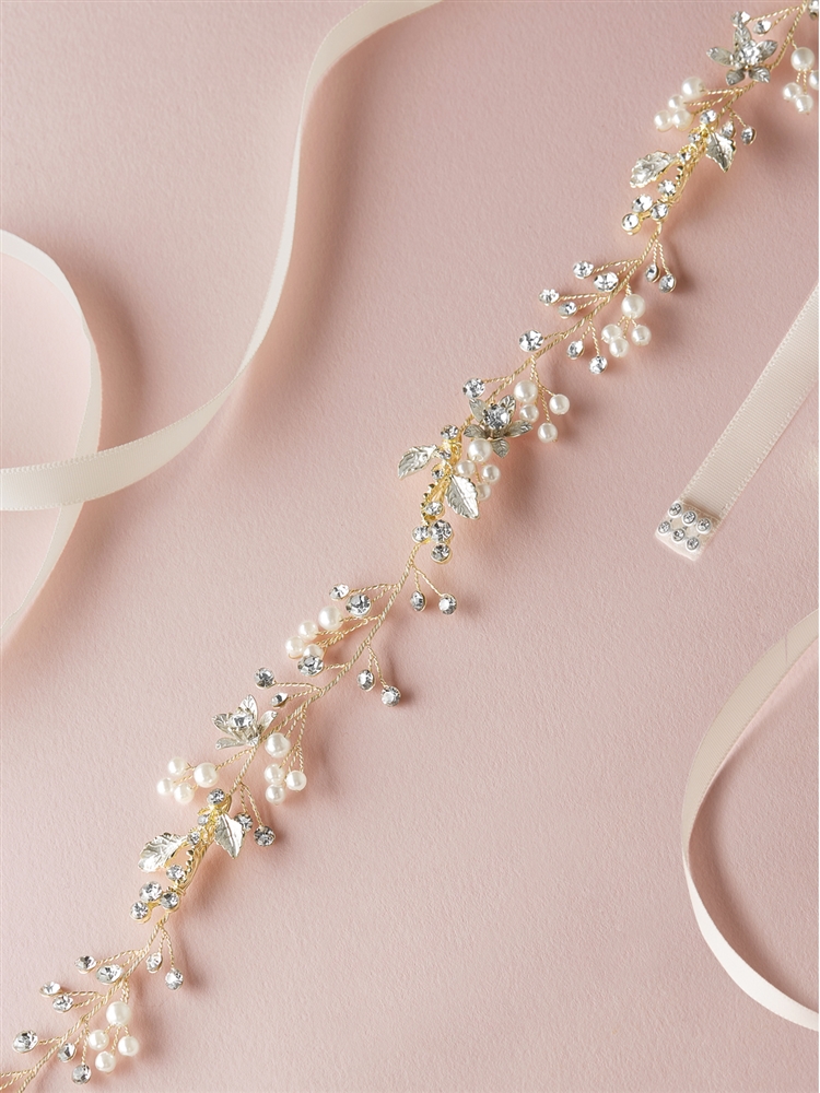 Boho Ivory Pearls & Crystal Leaves Floral Handmade Gold Floral Vine Bridal Belt