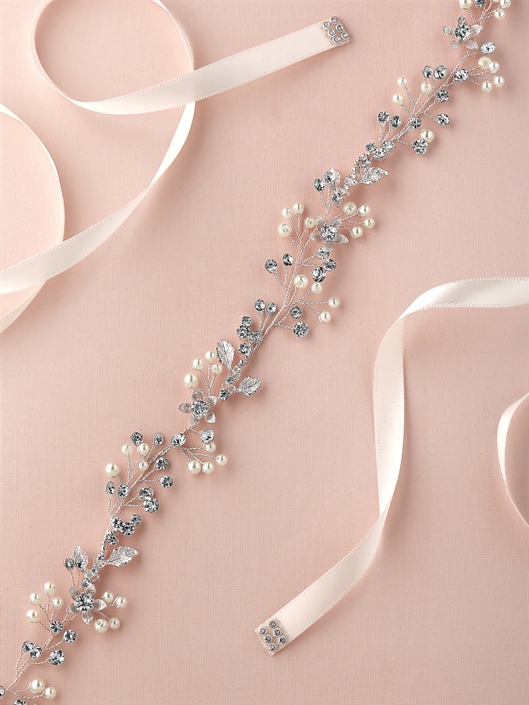 Boho Ivory Pearls & Crystal Leaves Floral Handmade Floral Vine Bridal Belt