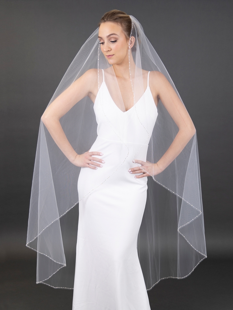 Breathtaking 60" Waltz Length Veil with Luxurious Oval Freshwater Pearls and Austrian Crystals<br>4674V-I-60