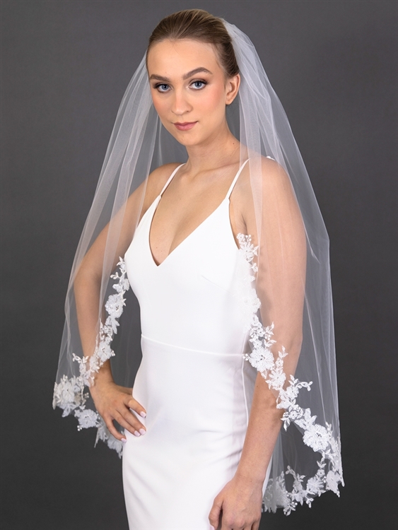 Long Fingertip Sheer Veil with Sequin Floral Lace Edge - 42" L<br>4677V-I-42