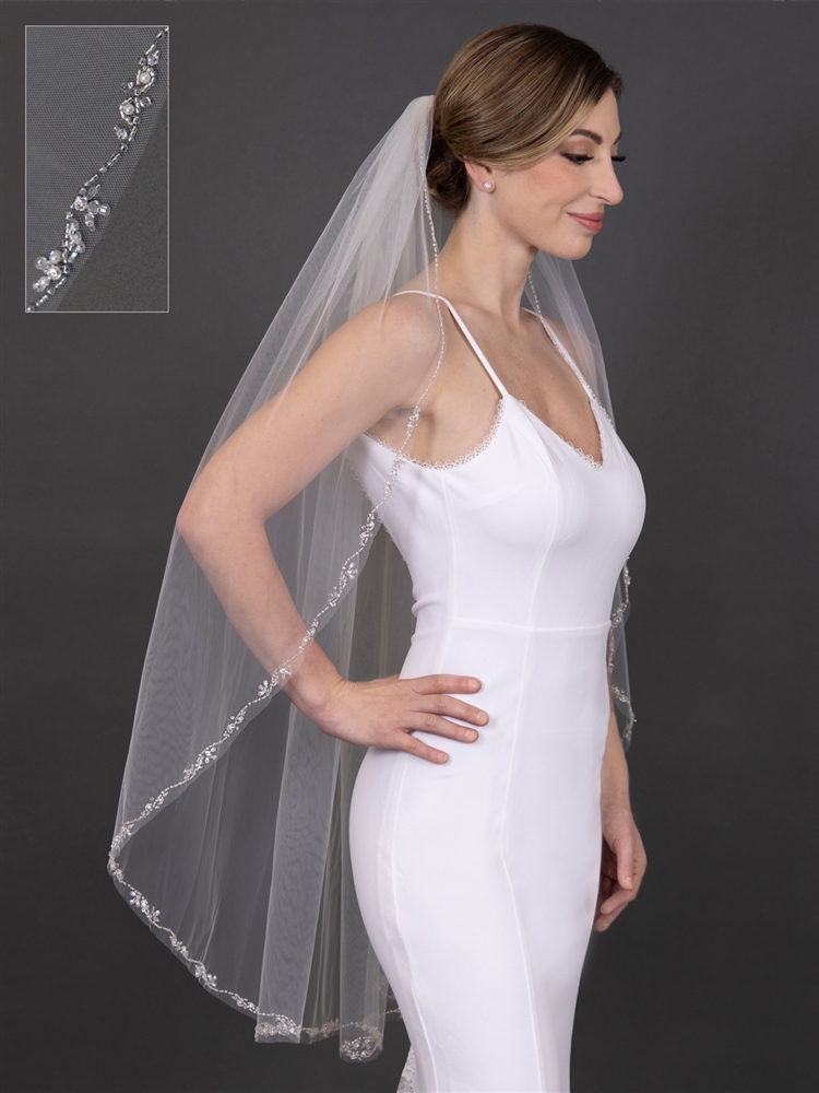 Luxurious 42" Fingertip Bridal Veil Embellished with Glistening Abstract Crystal and Pearl Beading<br>4678V-I-S-42