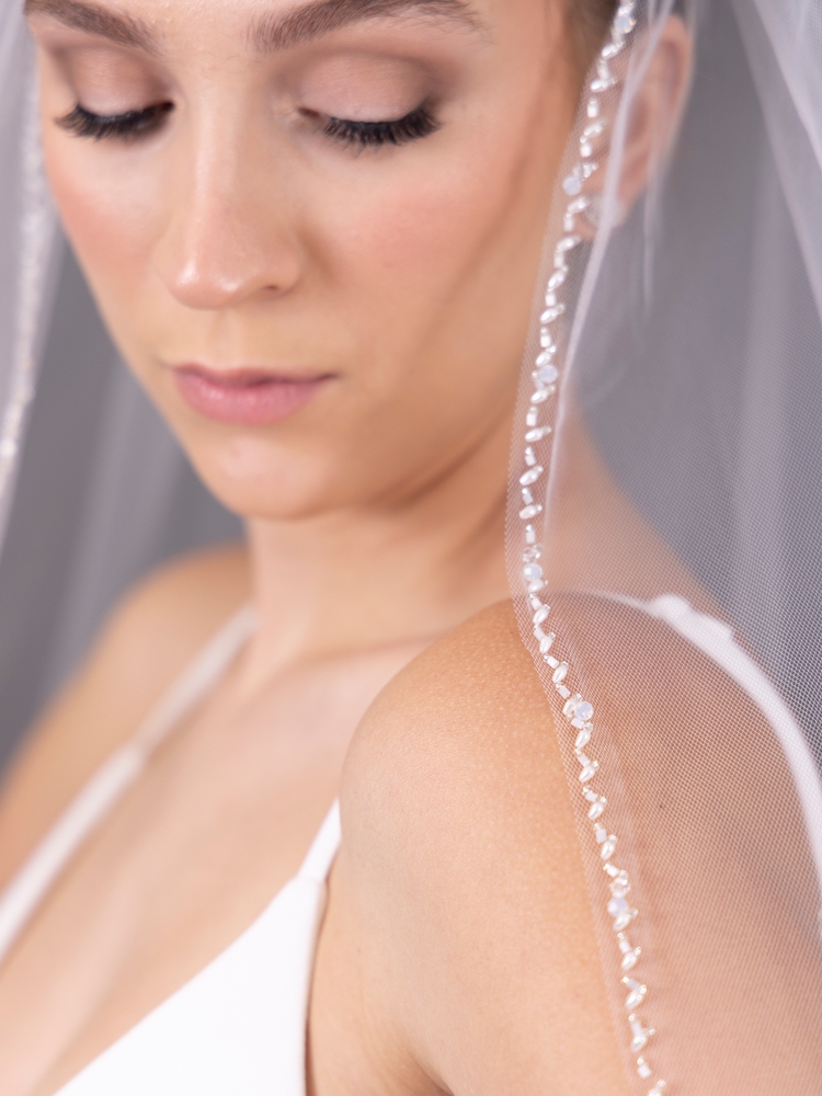 Opal Crystal Fully Beaded Edge 38" Fingertip Bridal Veil with Rice Pearls & Bugle Beads<br>4683V-I-OP-38