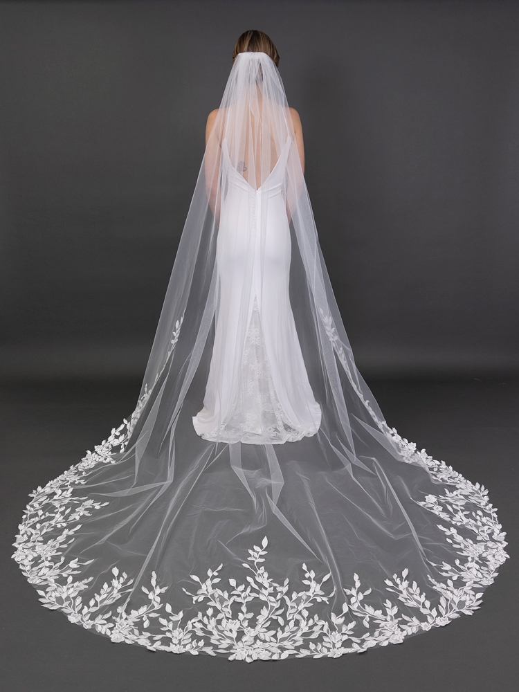 108" Cathedral Veil with Glistening Lace AppliquÃ©s of Petals and Leaves<br>4684V-I-108