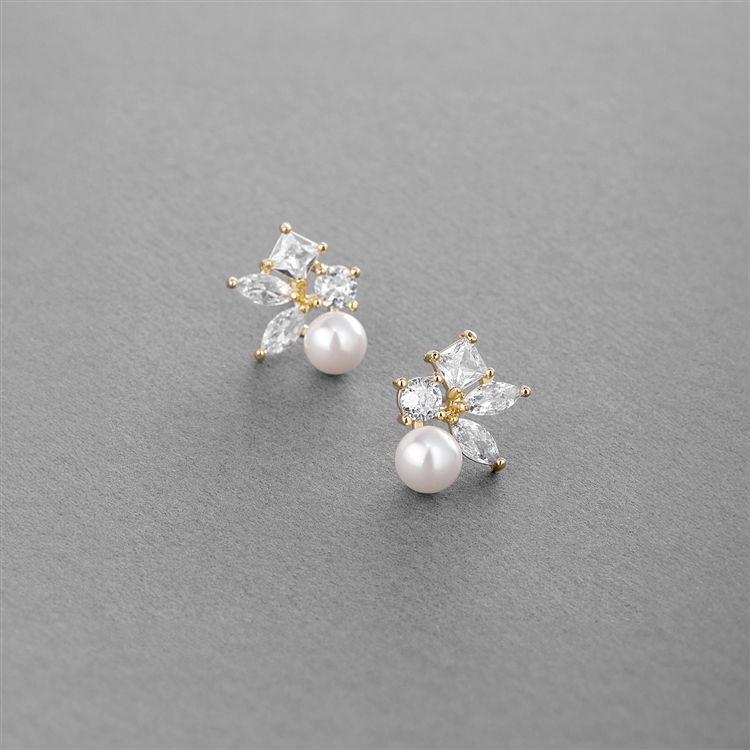 Mixed Shape Cubic Zirconia Cluster Bridal Earrings with 6mm Ivory Pearls<br>4688E-I-G