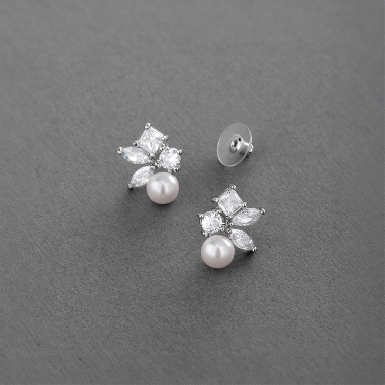 Mixed Shape Cubic Zirconia Cluster Bridal Earrings with 6mm Ivory Pearls<br>4688E-I-S